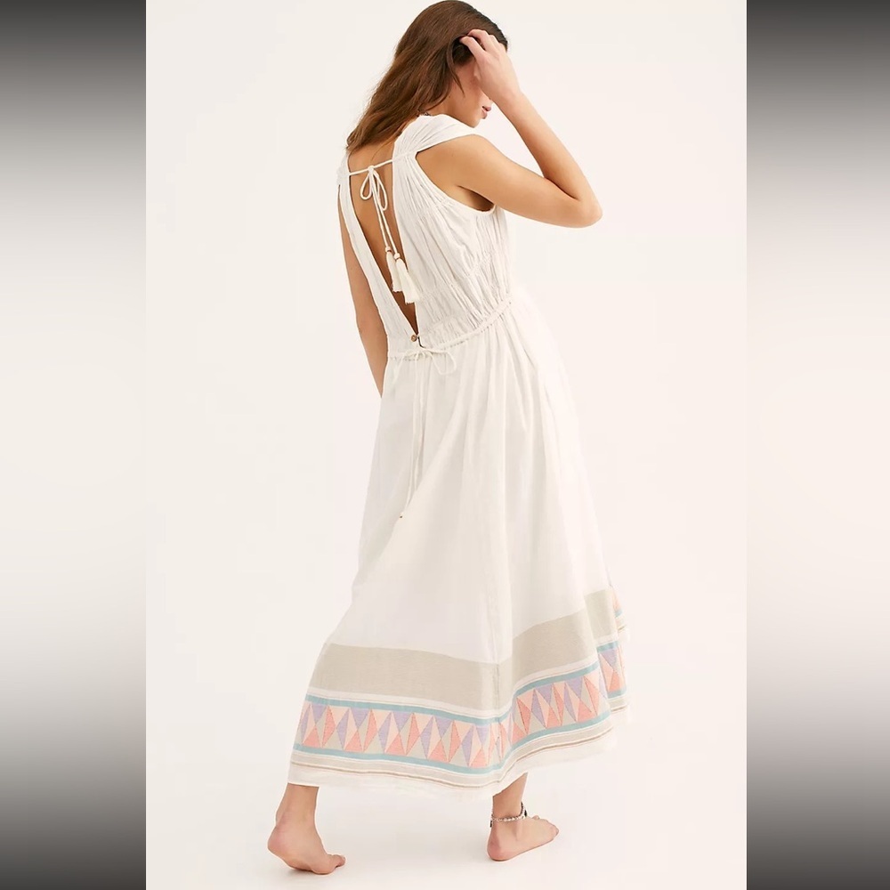 Free People Lulu Embroidered‎ Midi Dress Drawstring Waist Endless Summer Size XS - Picture 2 of 16